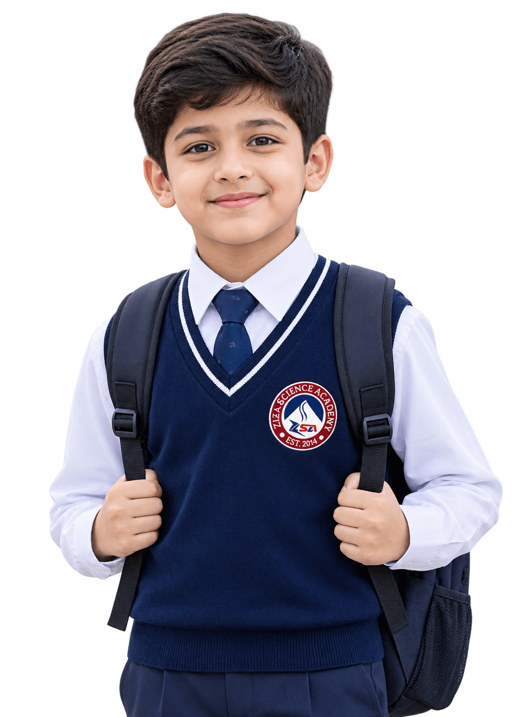 A Ziza student in school uniform with his backpack
